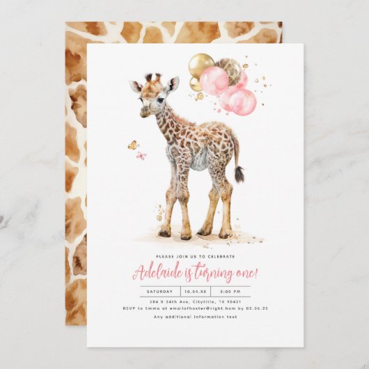 リトルキレーフピンク&ブラウンガール誕生日 招待状 (正面/裏面)