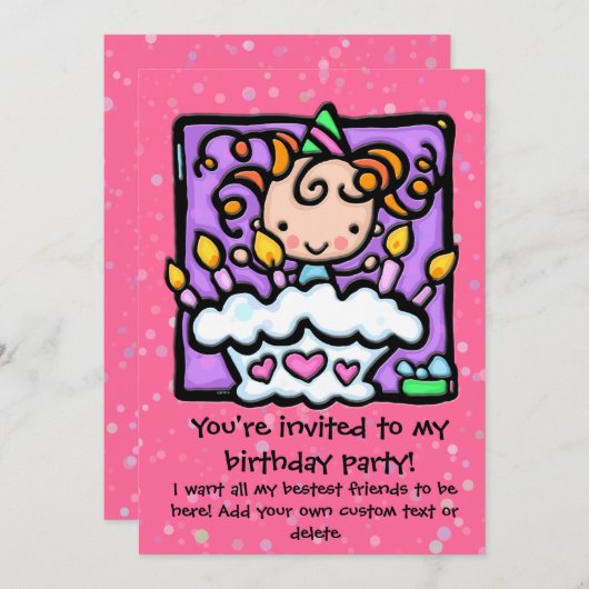 リトルギリーかわいい誕生日パーティの招待状.ピンク 招待状 (正面/裏面)