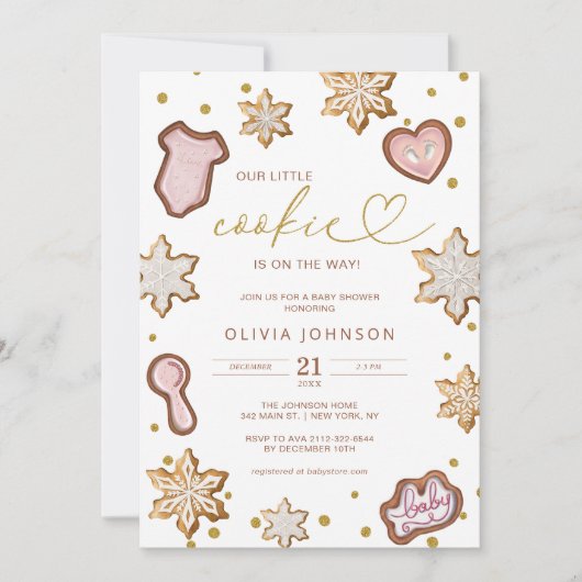 リトルクッキーピンク赤ちゃんシャワージンジャーパン冬 招待状 (正面)