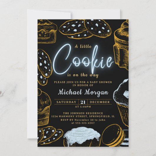 リトルクッキー男の赤ちゃんブルー&ブラックベビーシャワー 招待状 (正面)