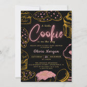 リトルクッキー赤ちゃん女の子ピンクと黒の赤ちゃんシャワー 招待状 (正面)