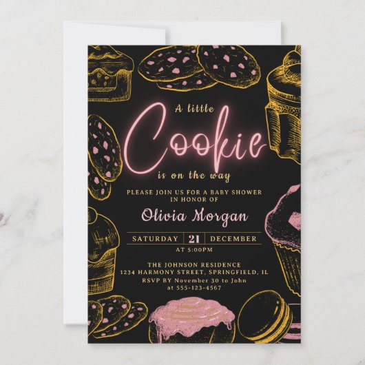 リトルクッキー赤ちゃん女の子ピンクと黒の赤ちゃんシャワー 招待状 (正面)