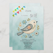 リトルグリーンバードフローラ誕生日パーティーへの招待 招待状 (正面/裏面)