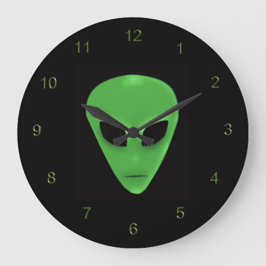リトルグリーンマンエイリアン顔 ラージ壁時計 (正面)
