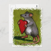 リトルグレーマウス保持赤いハート:油パステル ポストカード (正面/裏面)