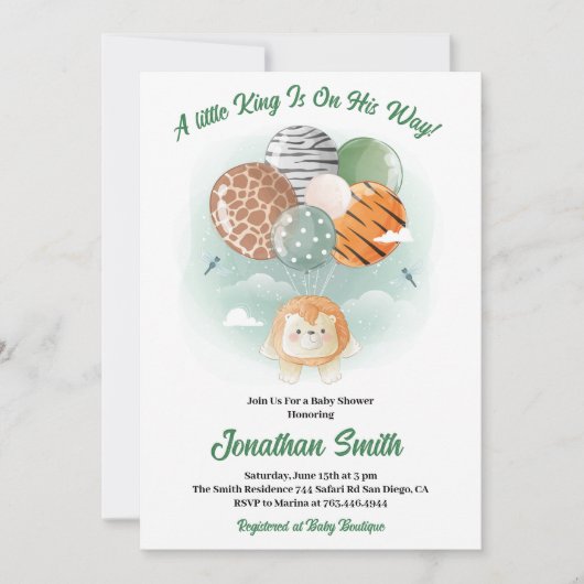 リトルサファリライオン水彩赤ちゃんシャワー 招待状 (正面)