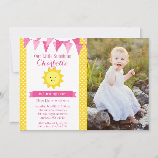 リトルサンシャインピンクイエローバンティング誕生日写真 招待状 (正面)