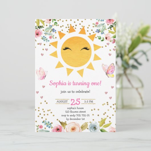 リトルサンシャインフローラかわいいガールファースト誕生日 招待状 (スタンド正面)