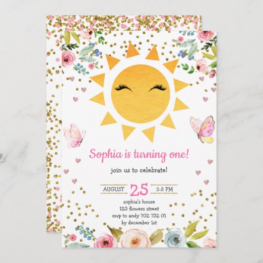 リトルサンシャインフローラかわいいガールファースト誕生日 招待状 (正面/裏面)
