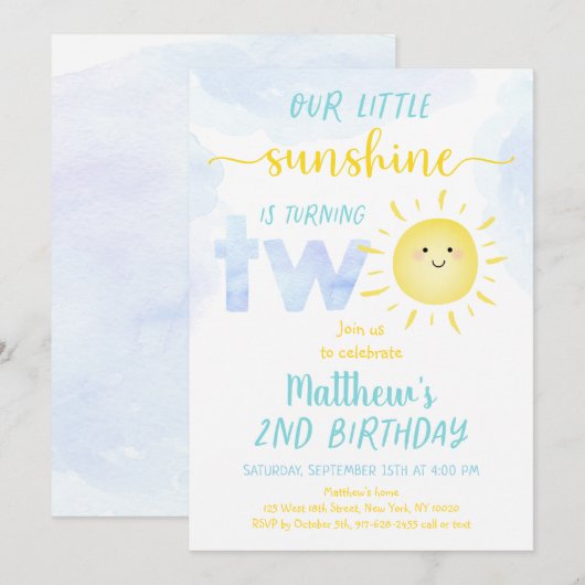リトルサンシャインボーイの2歳の誕生日 招待状 (正面/裏面)