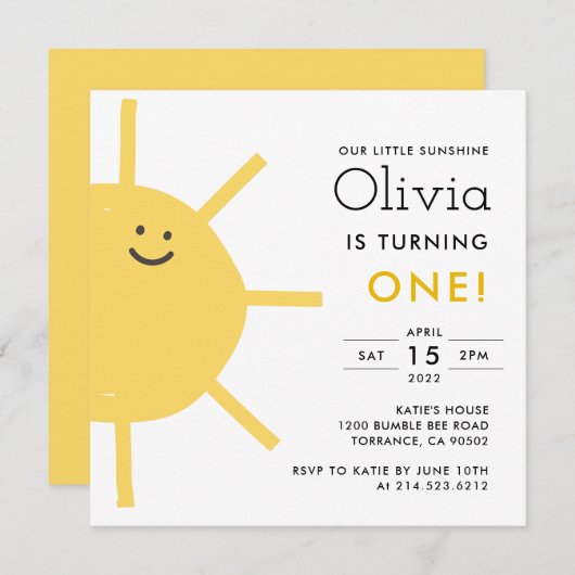 リトルサンシャイン1st誕生日パーティースクエアインビタティ 招待状 (正面/裏面)