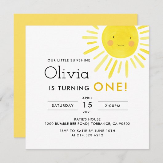 リトルサンシャイン1st誕生日パーティースクエア 招待状 (正面/裏面)