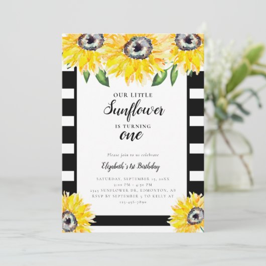 リトルサンフラワーファースト誕生日ブラックストライプ 招待状 (スタンド正面)