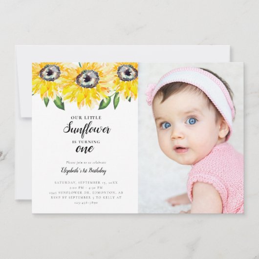 リトルサンフラワーファースト誕生日ワンフォトエレガント 招待状 (正面)