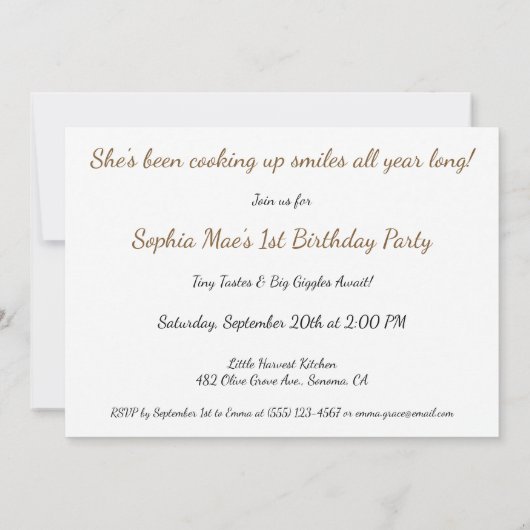 リトルシェフガール – 1st誕生日料理おもしろい 招待状 (裏面)