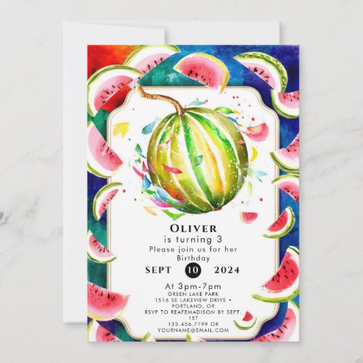 リトルシンプルスイカ誕生日 招待状 (正面)