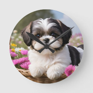 リトルシーズー(犬)子犬かご花 ラウンド壁時計