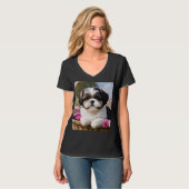 リトルシーズー（犬）子犬かご花 Tシャツ (正面フル)