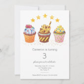 リトルスウィーティウォーターカラーカップケーキ誕生日パーティー 招待状 (正面)