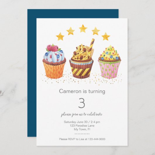 リトルスウィーティウォーターカラーカップケーキ誕生日パーティー 招待状 (正面/裏面)