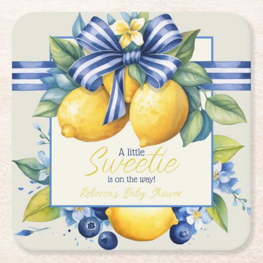 リトルスウィーティブルーボウタイルレモンベビーシャワー スクエアペーパーコースター (正面)