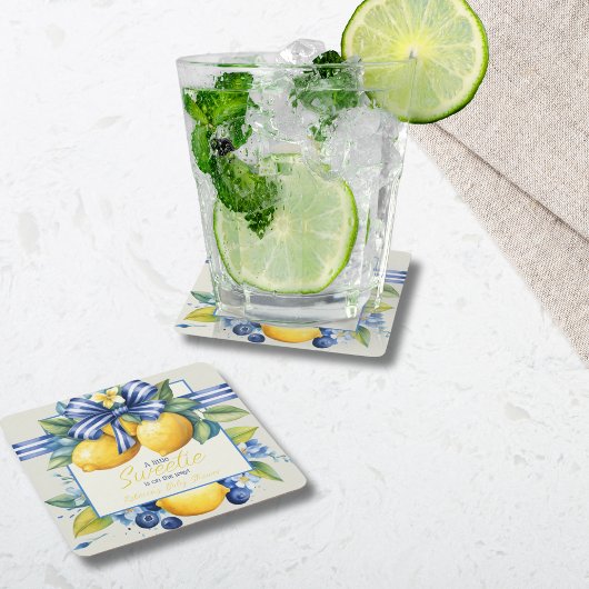 リトルスウィーティブルーボウタイルレモンベビーシャワー スクエアペーパーコースター