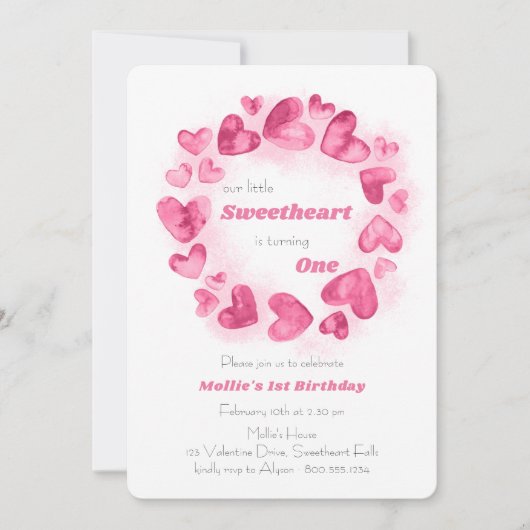リトルスウィートアート1stバースデーピンクラブハート 招待状 (正面)
