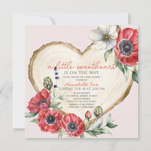 リトルスウィートハートウッドスライス赤ちゃんシャワー 招待状 (正面)