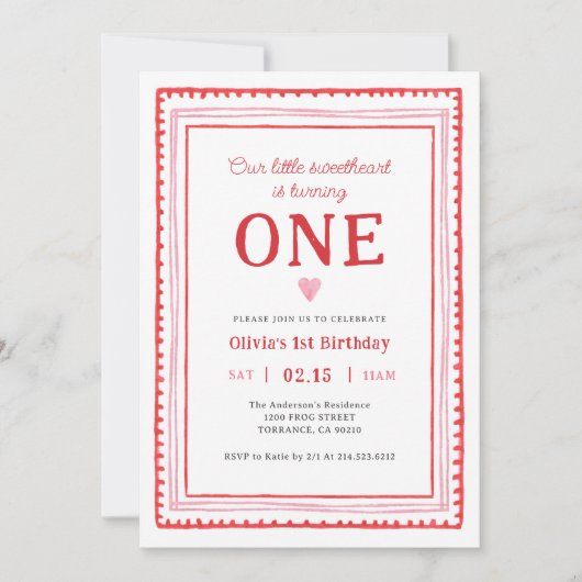 リトルスウィートバレンタインズガールファースト誕生日 招待状 (正面)