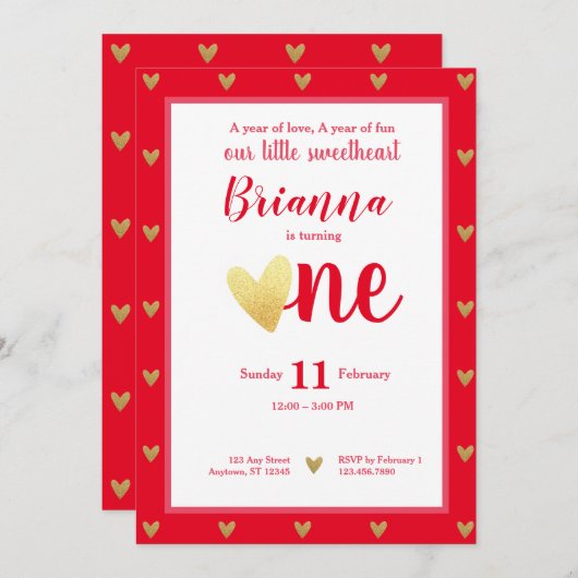 リトルスウィートバレンタインハートファースト誕生日 招待状 (正面/裏面)