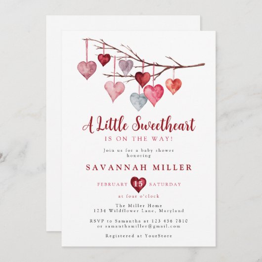 リトルスウィートバレンタインハートベビーシャワー 招待状 (正面/裏面)