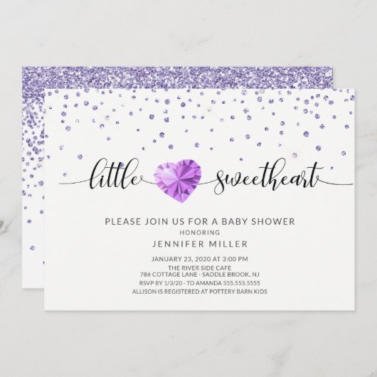 リトルスウィートパープルハートガールズベビーシャワー 招待状 (正面/裏面)