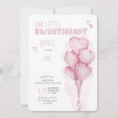 リトルスウィートピンクハートバルーン1st誕生日 招待状 (正面)