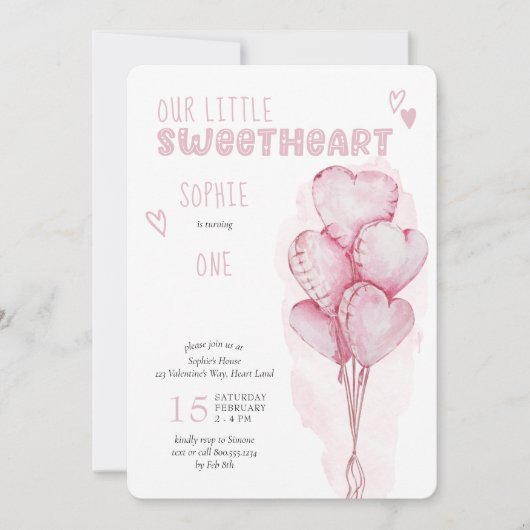 リトルスウィートピンクハートバルーン1st誕生日 招待状 (正面)