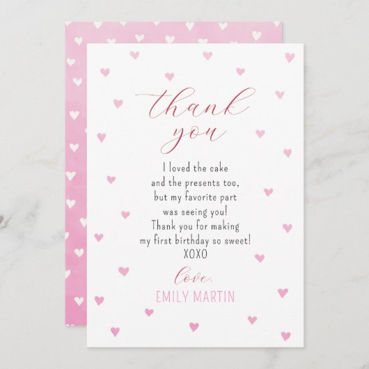 リトルスウィートピンク赤いハート1st誕生日 サンキューカード (正面/裏面)