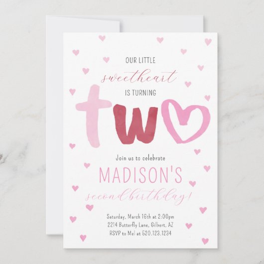 リトルスウィートピンク赤いハート2nd Birthday 招待状 (正面)