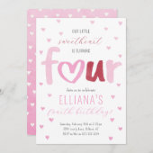 リトルスウィートピンク赤いハート4th誕生日 招待状 (正面/裏面)