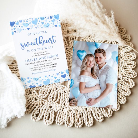 リトルスウィートブルーボーイバレンタインベビーシャワー 招待状