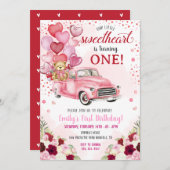 リトルスウィートベアピンクハートトラック誕生日 招待状 (正面/裏面)