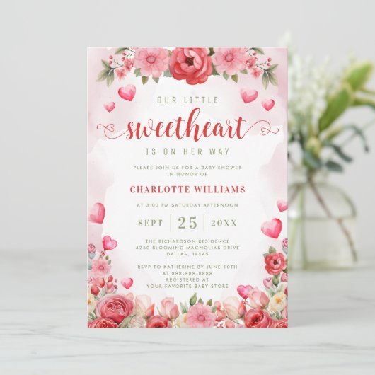 リトルスウィートベビーシャワーフローラハートかわいい 招待状 (スタンド正面)