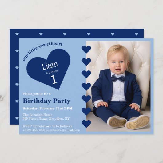 リトルスウィートボーイフォト&ブルーハート誕生日 招待状 (正面/裏面)