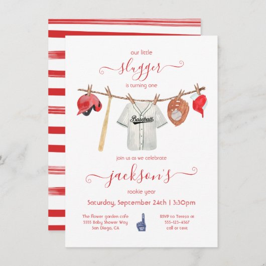リトルスガーベースボールクロースレイン誕生日パーティー 招待状 (正面/裏面)