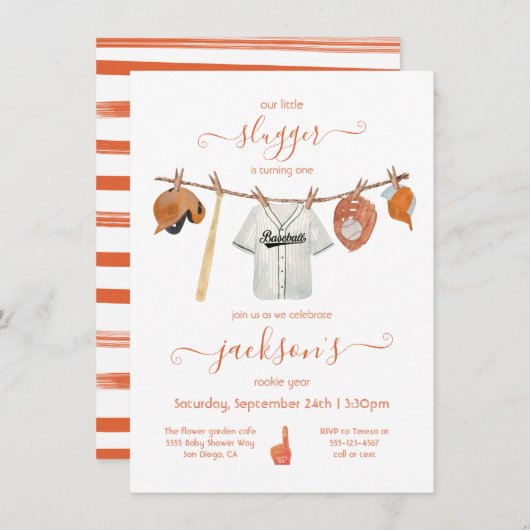 リトルスガーベースボールクロースレイン誕生日パーティー 招待状 (正面/裏面)