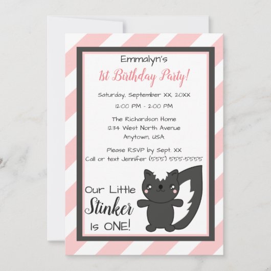 リトルスティンカーピンクストライプ誕生日スカンクファースト 招待状 (正面)