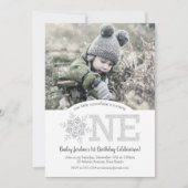 リトルスノーフレークシルバーグリッター1歳誕生日写真 招待状 (正面)