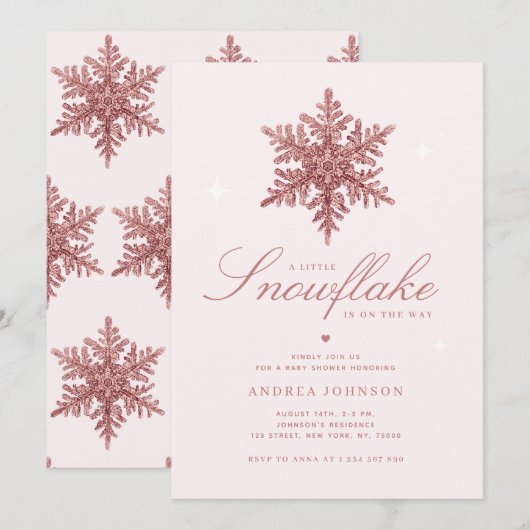 リトルスノーフレークピンクグリッターガールベビーシャワー 招待状 (正面/裏面)