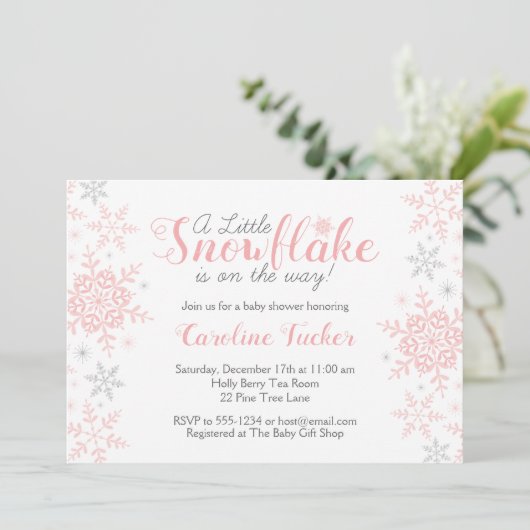 リトルスノーフレークピンクシルバーグリッターベビーシャワー 招待状 (スタンド正面)
