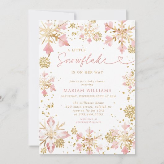 リトルスノーフレークピンク金ゴールドガールベビーシャワー 招待状 (正面)