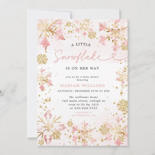 リトルスノーフレークピンク金ゴールドガールベビーシャワー 招待状 (正面)