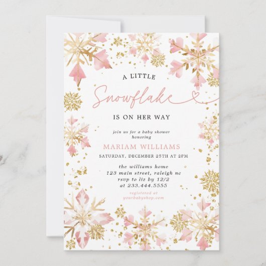 リトルスノーフレークピンク金ゴールドガールベビーシャワー 招待状 (正面)